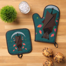 Vliegende vos Blauwgroen Ovenwant & Pannenlap Set