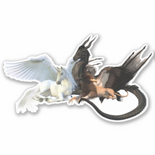 Vliegende Vrienden Dragon Griffin Eenhoorn Pegasus Sticker (Voorkant)