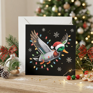 Vliegende Wilde Eend Kerstman Hoed Kerstverlichtin Feestdagenkaart