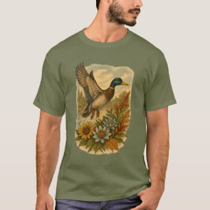 Vliegende wilde eend met wilde bloemen kunst t-shirt