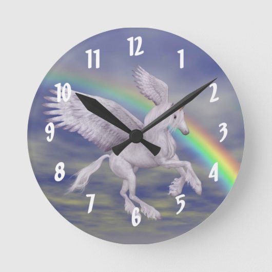Vliegende witte unicorn en regenboog ronde klok (Voorkant)