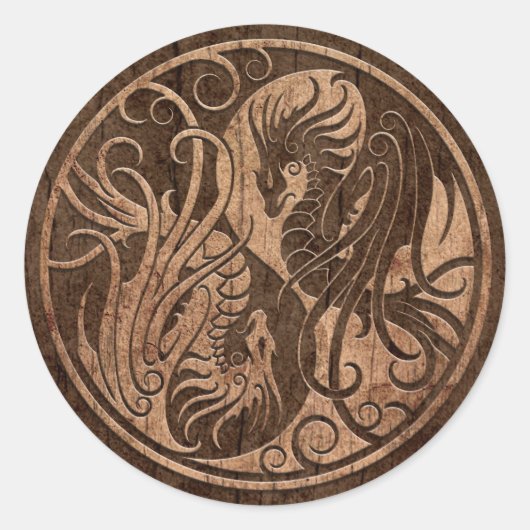Vliegende Yin Yang Dragons met Houten Korreleffect Ronde Sticker (Voorkant)