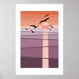 Vliegende zeevogels bij zonsondergang Paarse Oranj Poster