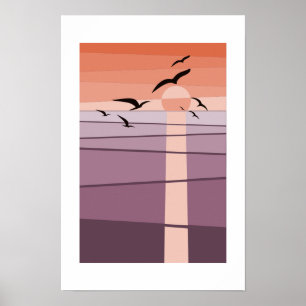 Vliegende zeevogels bij zonsondergang Paarse Oranj Poster