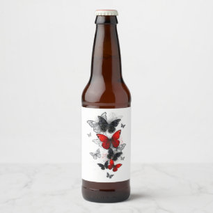 Vliegende Zwarte en Rode Morpho Vlinders Bier Etiket