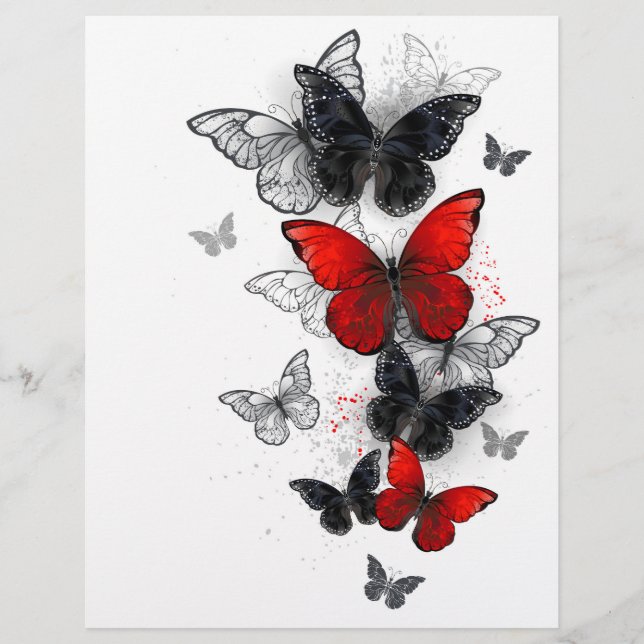Vliegende zwarte en rode Morpho-vlinders Briefhoofd (Voorkant)