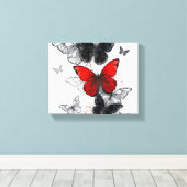 Vliegende Zwarte en Rode Morpho Vlinders Canvas Afdruk (Insitu (Houten vloer))