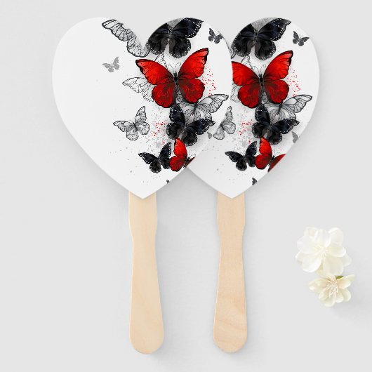 Vliegende Zwarte en Rode Morpho Vlinders Handwaaier (Voorkant en achterkant)