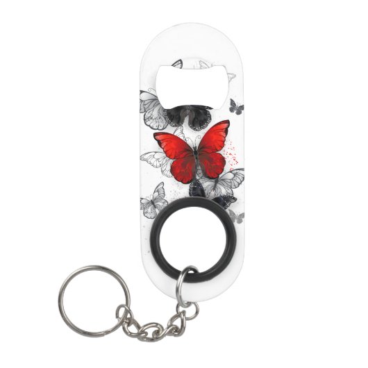 Vliegende Zwarte en Rode Morpho Vlinders Mini Flessenopener (Voorkant)