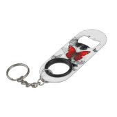 Vliegende Zwarte en Rode Morpho Vlinders Mini Flessenopener (Voorkant Gekanteld)