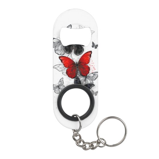 Vliegende Zwarte en Rode Morpho Vlinders Mini Flessenopener (Achterkant)