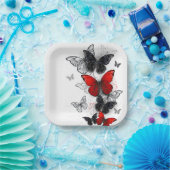 Vliegende Zwarte en Rode Morpho Vlinders Papieren Bordje (Feest)