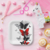 Vliegende Zwarte en Rode Morpho Vlinders Papieren Bordje (Feest)