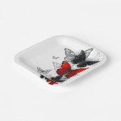 Vliegende Zwarte en Rode Morpho Vlinders Papieren Bordje (Gebogen)