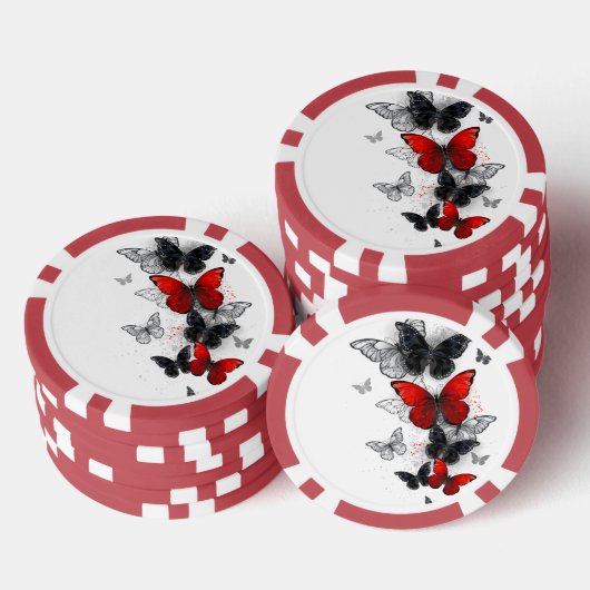 Vliegende Zwarte en Rode Morpho Vlinders Poker Chips (Opstapeling)