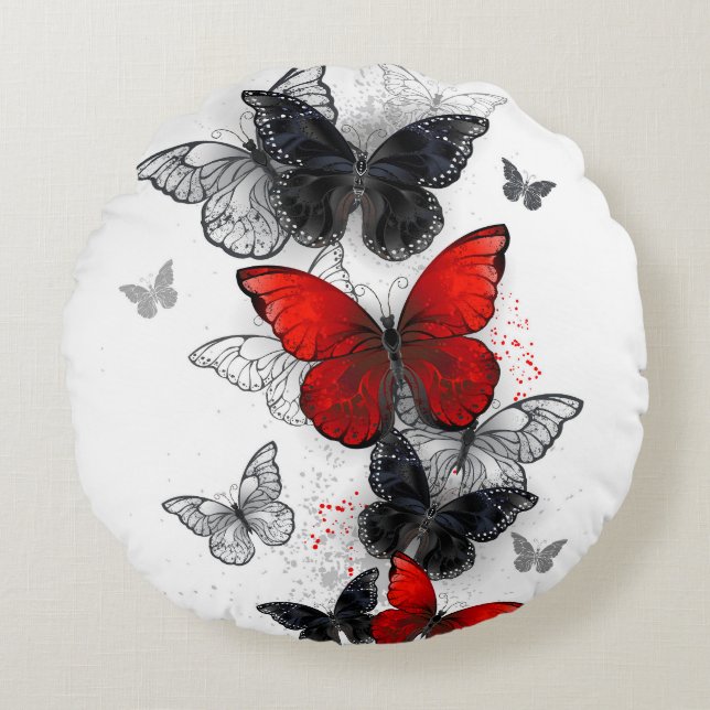 Vliegende Zwarte en Rode Morpho Vlinders Rond Kussen (Voorkant)