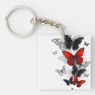 Vliegende Zwarte en Rode Morpho Vlinders Sleutelhanger