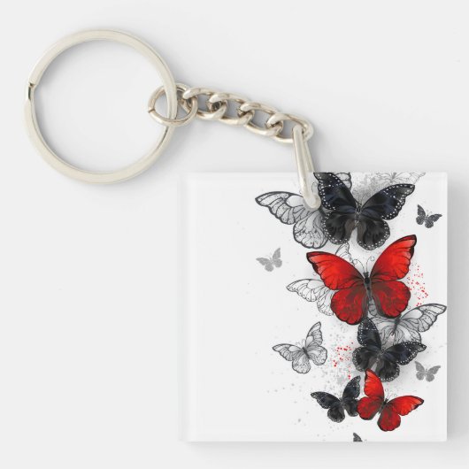 Vliegende Zwarte en Rode Morpho Vlinders Sleutelhanger (Voorkant)