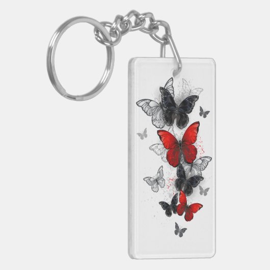 Vliegende zwarte en rode Morpho-vlinders Sleutelhanger (Voorkant Links)