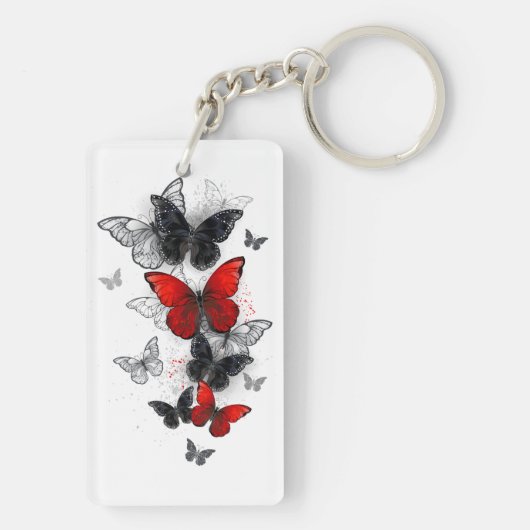 Vliegende zwarte en rode Morpho-vlinders Sleutelhanger (achterkant)