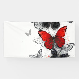 Vliegende zwarte en rode Morpho-vlinders Spandoek