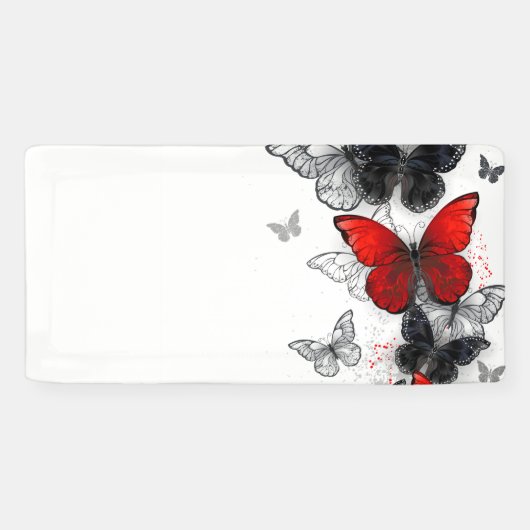 Vliegende zwarte en rode Morpho-vlinders Spandoek (Horizontaal)