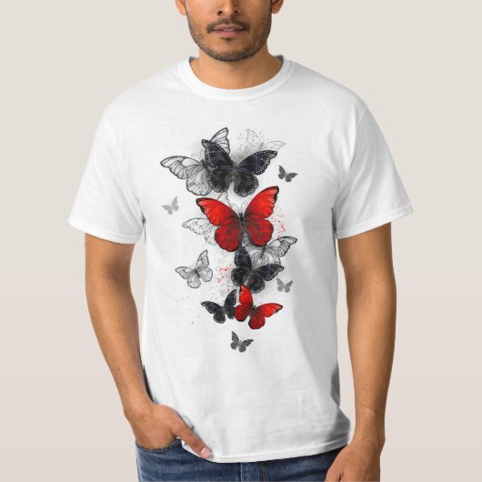 Vliegende zwarte en rode Morpho-vlinders T-shirt (Voorkant)