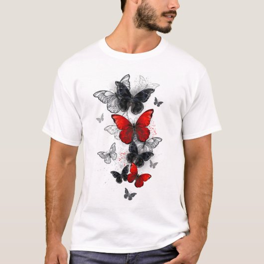 Vliegende Zwarte en Rode Morpho Vlinders T-shirt (Voorkant)