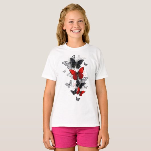 Vliegende Zwarte en Rode Morpho Vlinders T-shirt (Voorkant volledig)