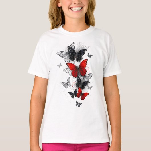 Vliegende Zwarte en Rode Morpho Vlinders T-shirt (Voorkant)
