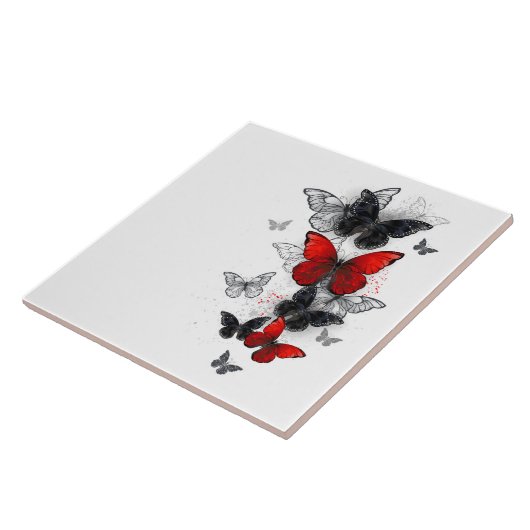 Vliegende Zwarte en Rode Morpho Vlinders Tegeltje (Zijkant)