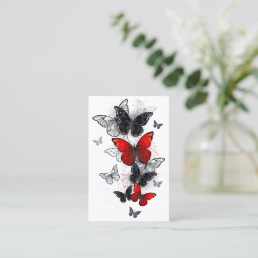 Vliegende Zwarte en Rode Morpho Vlinders Visitekaartje (Staand voorkant)
