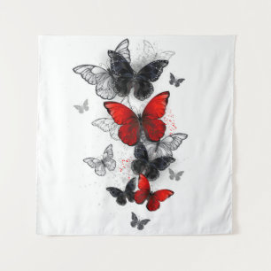 Vliegende zwarte en rode Morpho-vlinders Wandkleed