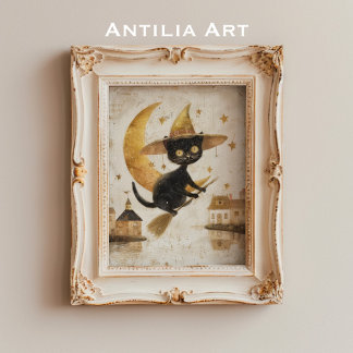 Vliegende Zwarte Kat Schilderen Halloween Moon Poster