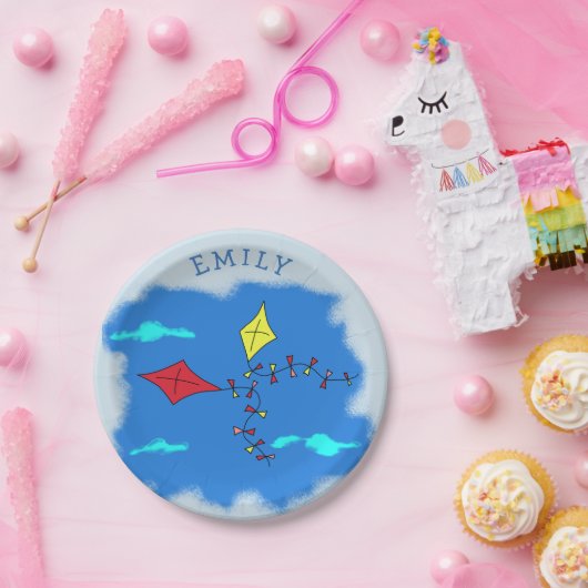 Vliegers in de blauwe lucht Naam Papieren Bordje (Feest)
