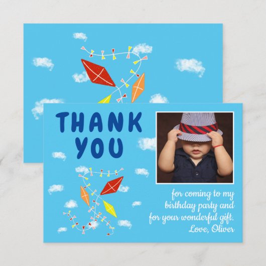 Vliegers Wolken Blauw Kinderen Foto Verjaardag Bedankkaart (Voorkant / Achterkant)