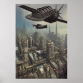 Vliegmachine over een Dieselpunk ci| AI Art Poster (Voorkant)