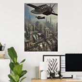 Vliegmachine over een Dieselpunk ci| AI Art Poster (Thuiskantoor)