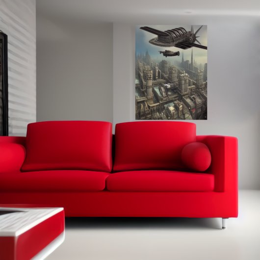 Vliegmachine over een Dieselpunk ci| AI Art Poster