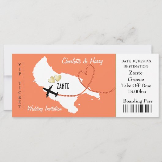 Vliegticket instapkaart voor Zante Griekse bruilof Kaart (Voorkant)