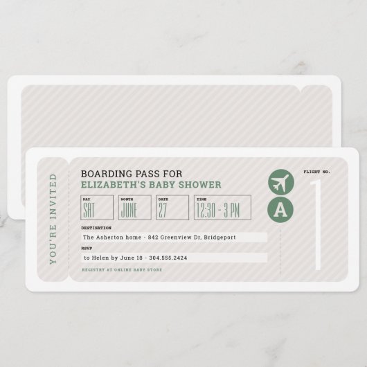 Vliegticket reizen thema neutraal baby shower kaart (Voorkant / Achterkant)