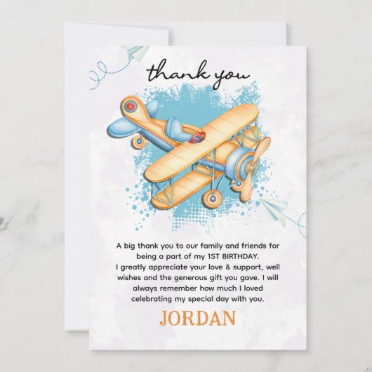  Vliegtuig 1e Verjaardagsfeest Bedankkaart (Voorkant)
