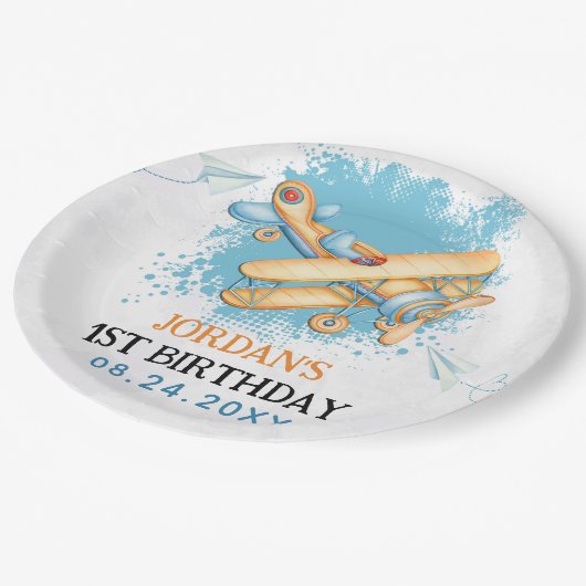 Vliegtuig 1e Verjaardagsfeest Papieren Bordje (Gekanteld)