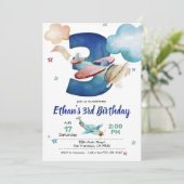 Vliegtuig 3e verjaardag uitnodiging - Vliegtuigthe (Staand voorkant)