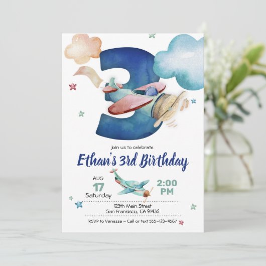 Vliegtuig 3e verjaardag uitnodiging - Vliegtuigthe (Staand voorkant)