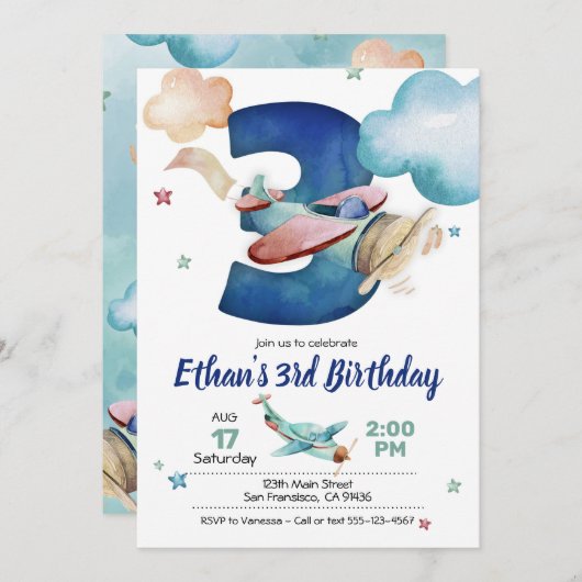 Vliegtuig 3e verjaardag uitnodiging - Vliegtuigthe (Voorkant / Achterkant)