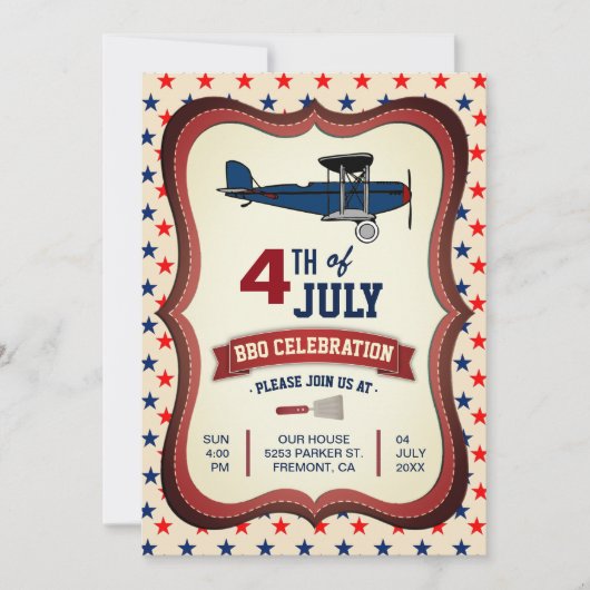 Vliegtuig 4 juli BBQ Feestuitnodiging Kaart (Voorkant)