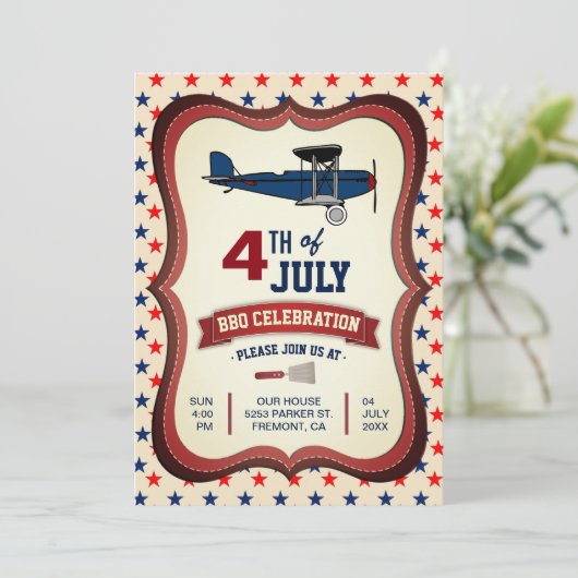  Vliegtuig 4 juli BBQ Feestuitnodiging Kaart (Staand voorkant)