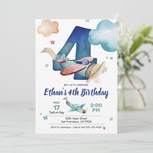 Vliegtuig 4e verjaardag uitnodiging - Vliegtuigthe (Staand voorkant)
