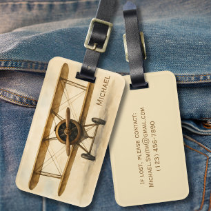 vliegtuig Antiek tweedekker Aviation Aviator Bagagelabel